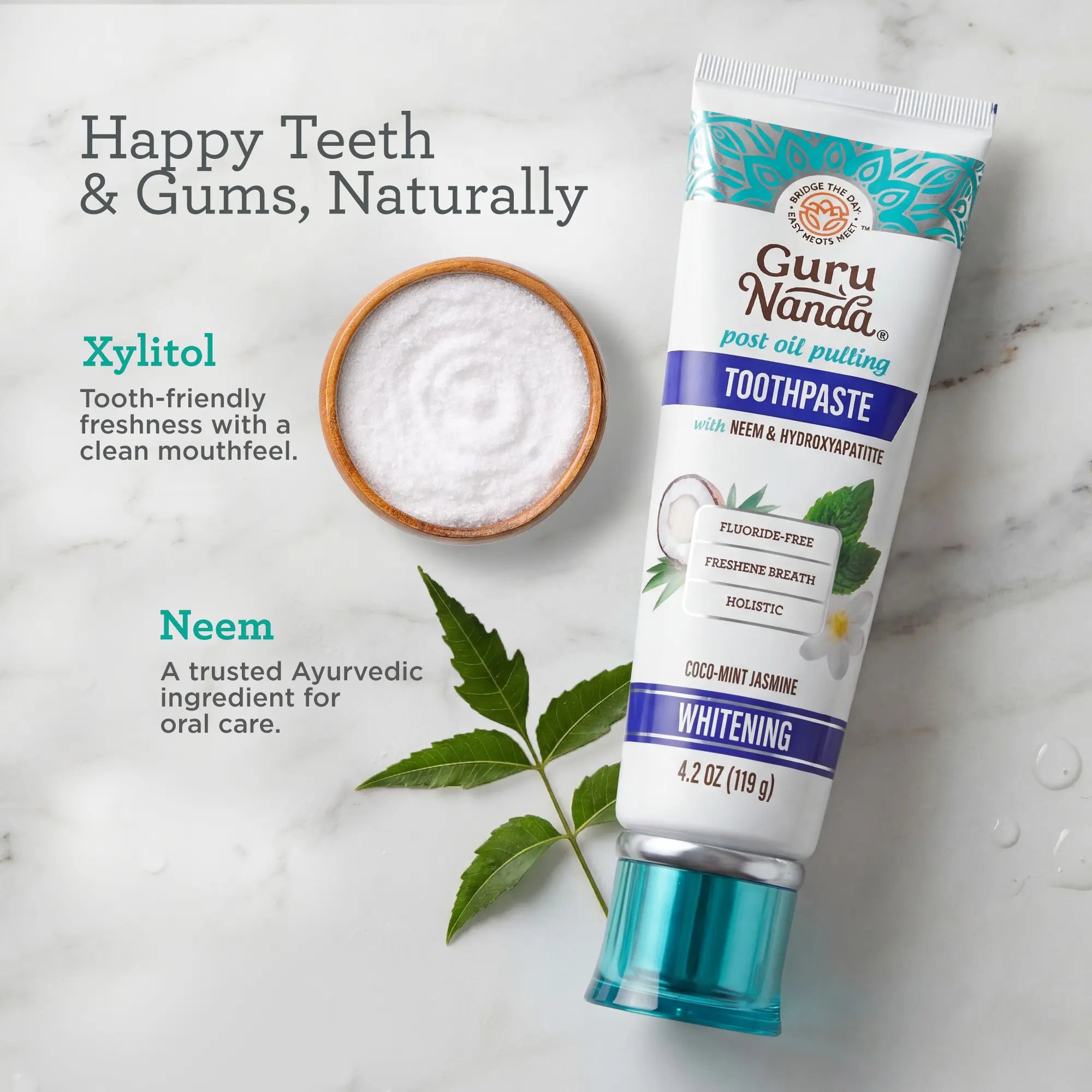 Gurunanda Hydroxyapatite Neem Whitening Toothpaste, SLS & Fluoride Free, Freshens Breath & Fights Plaque, Natural Cocomint Jasmine, 4.2Oz