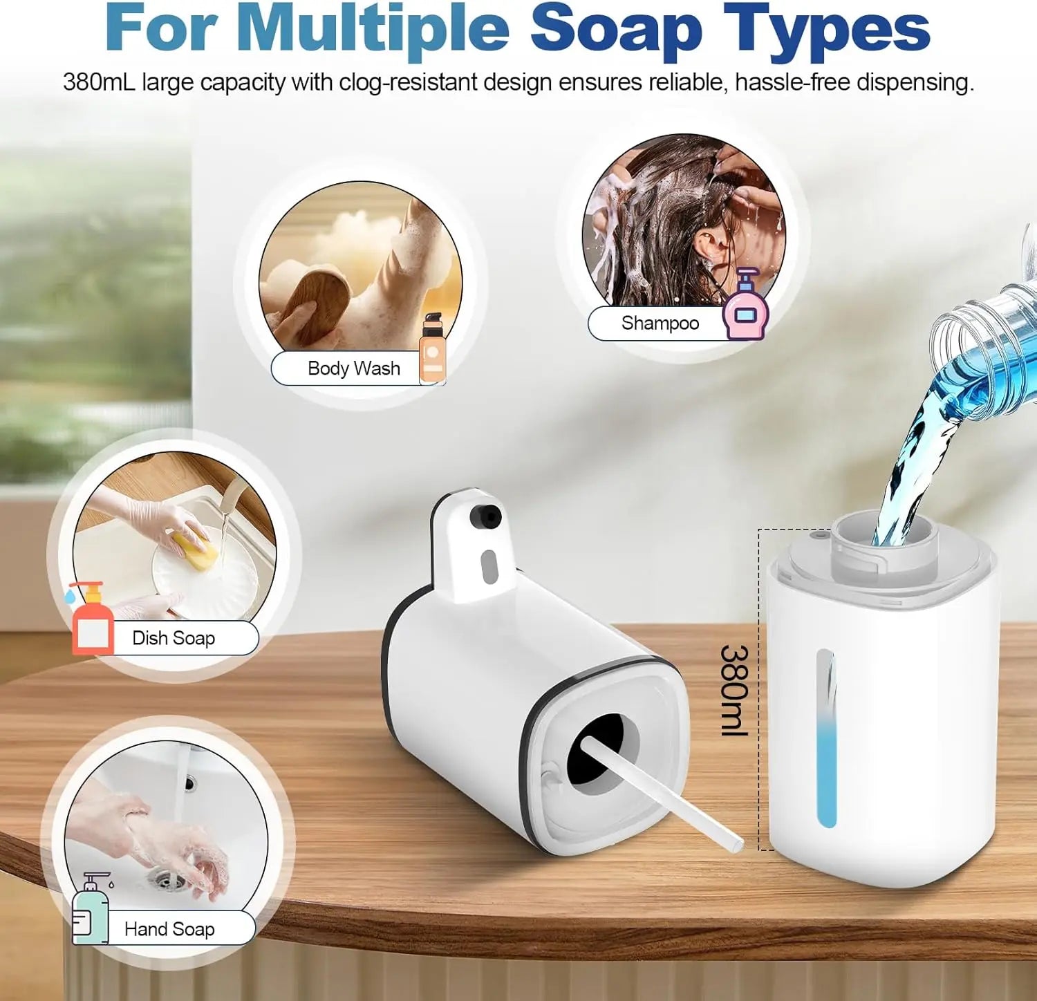 Touchless Automatic Liquid Soap Dispenser - 9 Adjustable Levels, 380Ml/12.8Oz, IR Induction Sensor & Display, Splash-Proof, Transparent, Wall-Mounted or Countertop for Bathroom, Kitchen