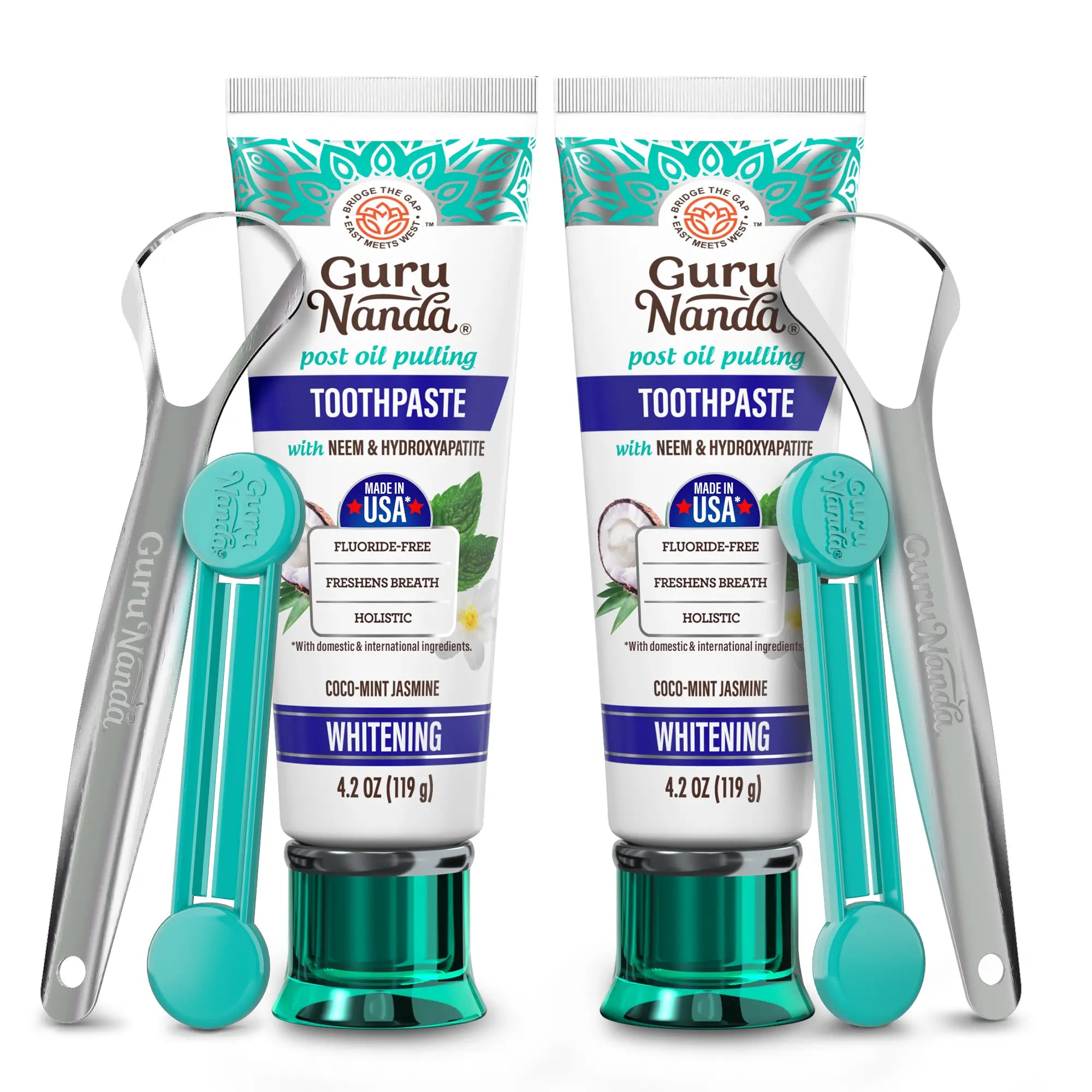 Gurunanda Hydroxyapatite Neem Whitening Toothpaste, SLS & Fluoride Free, Freshens Breath & Fights Plaque, Natural Cocomint Jasmine, 4.2Oz
