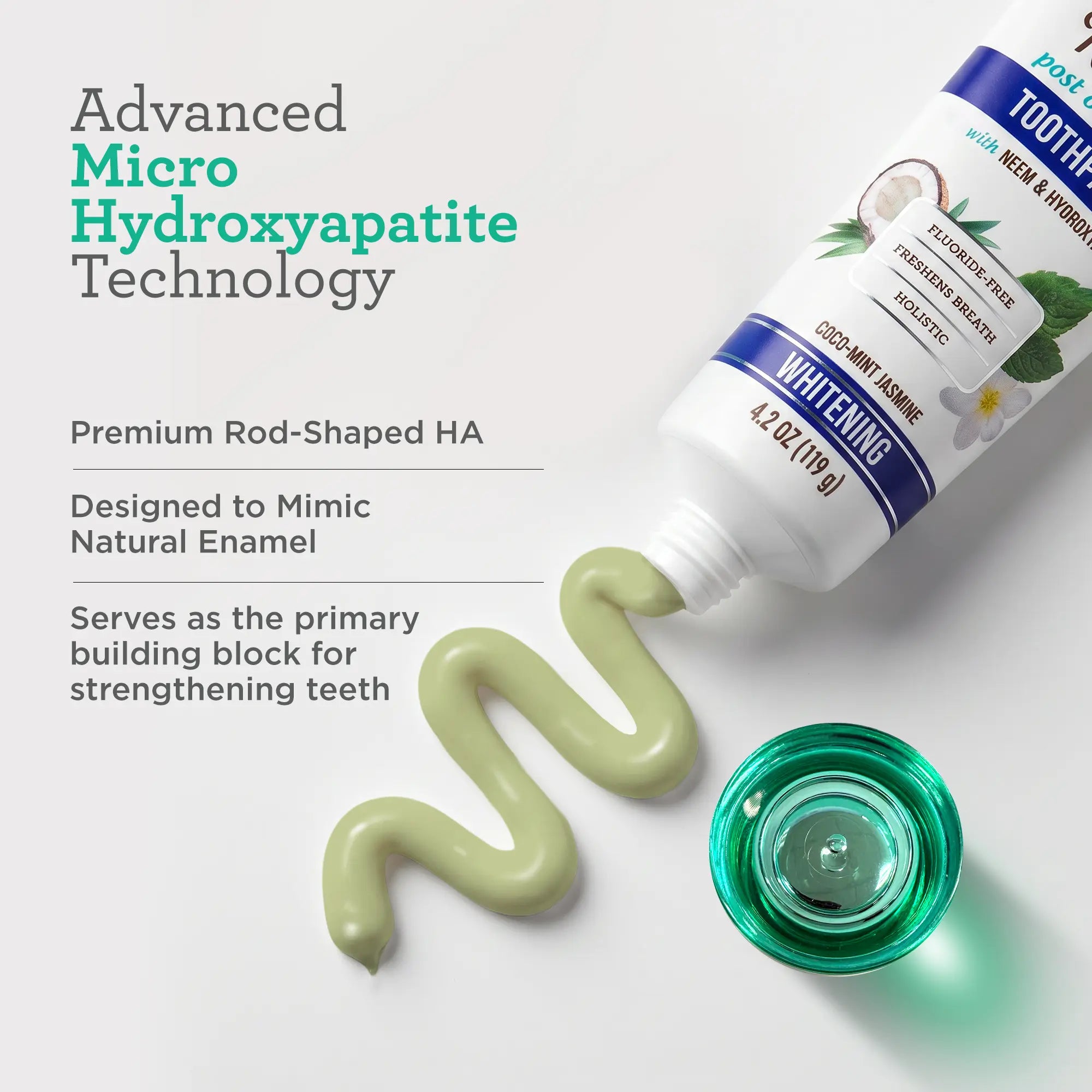 Gurunanda Hydroxyapatite Neem Whitening Toothpaste, SLS & Fluoride Free, Freshens Breath & Fights Plaque, Natural Cocomint Jasmine, 4.2Oz