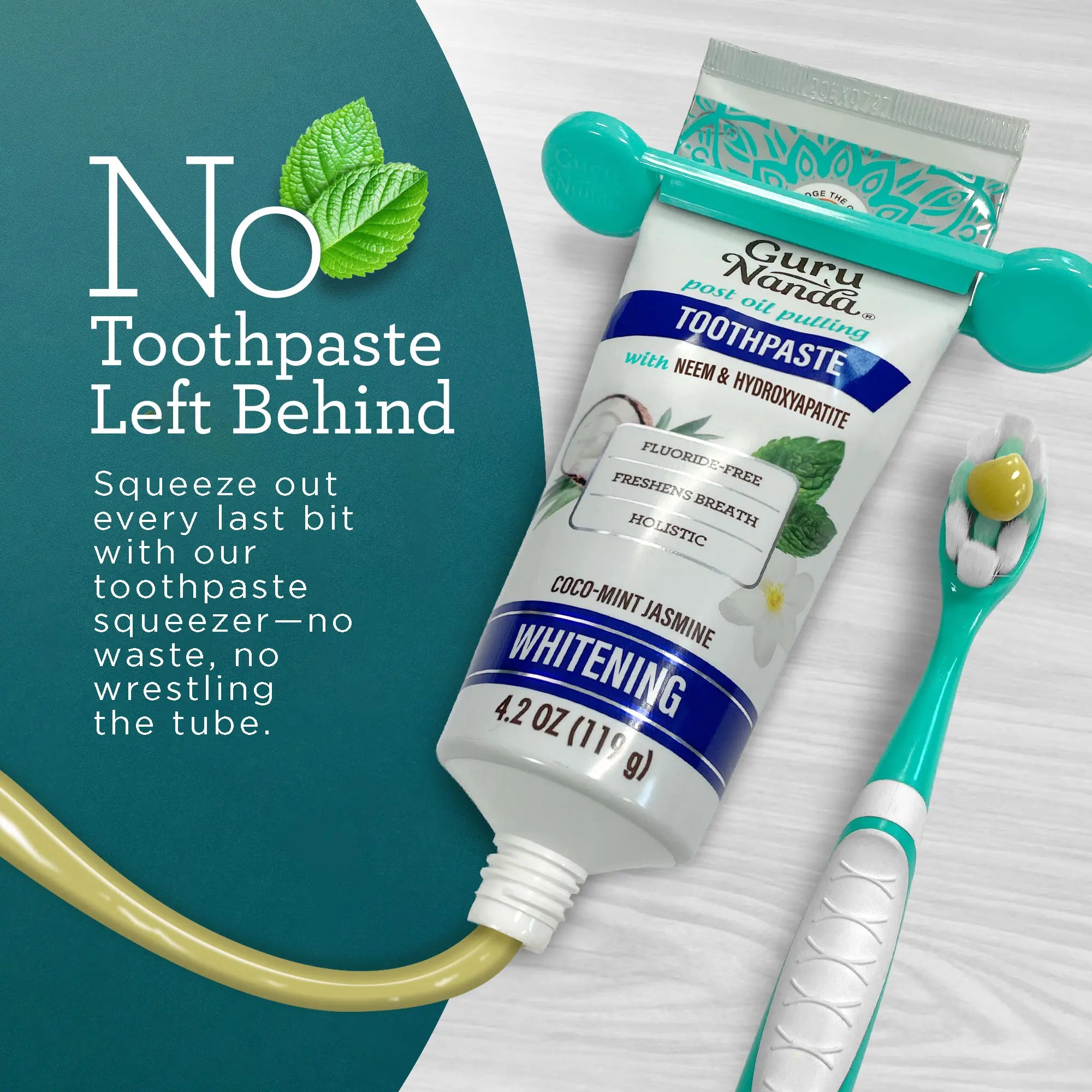Gurunanda Hydroxyapatite Neem Whitening Toothpaste, SLS & Fluoride Free, Freshens Breath & Fights Plaque, Natural Cocomint Jasmine, 4.2Oz