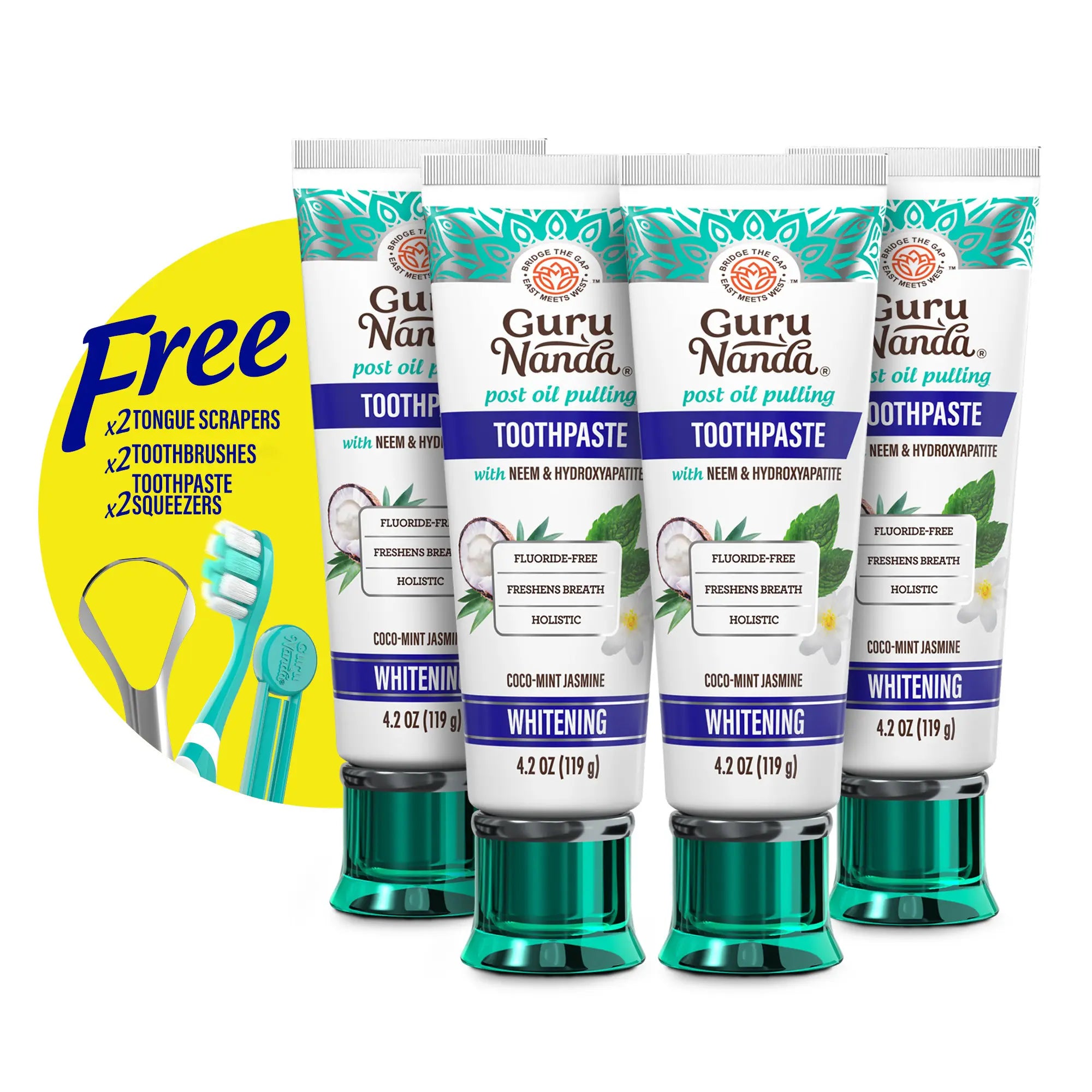 Gurunanda Hydroxyapatite Neem Whitening Toothpaste, SLS & Fluoride Free, Freshens Breath & Fights Plaque, Natural Cocomint Jasmine, 4.2Oz
