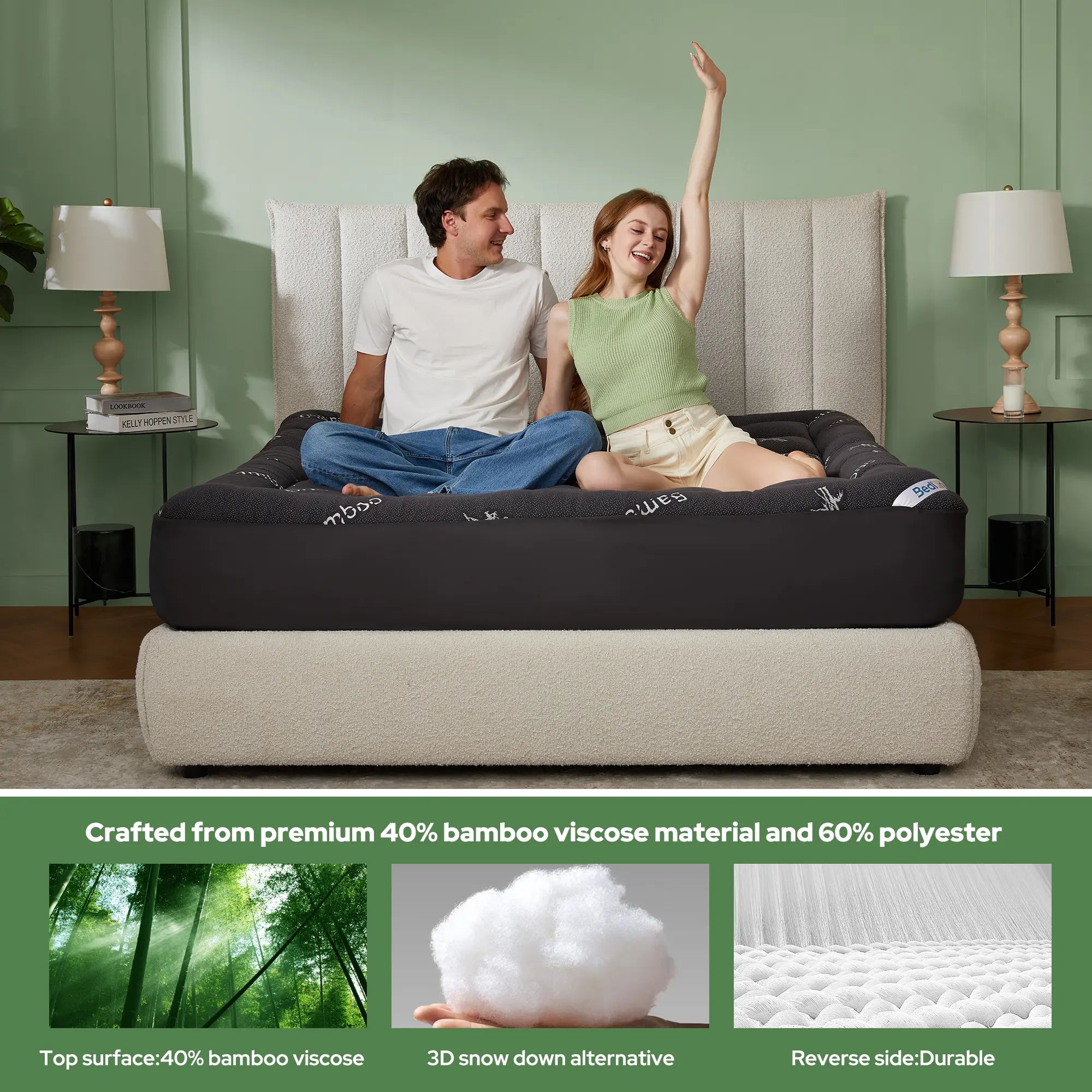 【Bedlore】Bamboo Cooling Mattress Topper with Fitted Sheet, Thick Luxury Comfort Layer, Breathable & Soft on Skin, Deep Pocket Design, Machine Washable, Ideal for Bedroom & Home Use Homeessentials