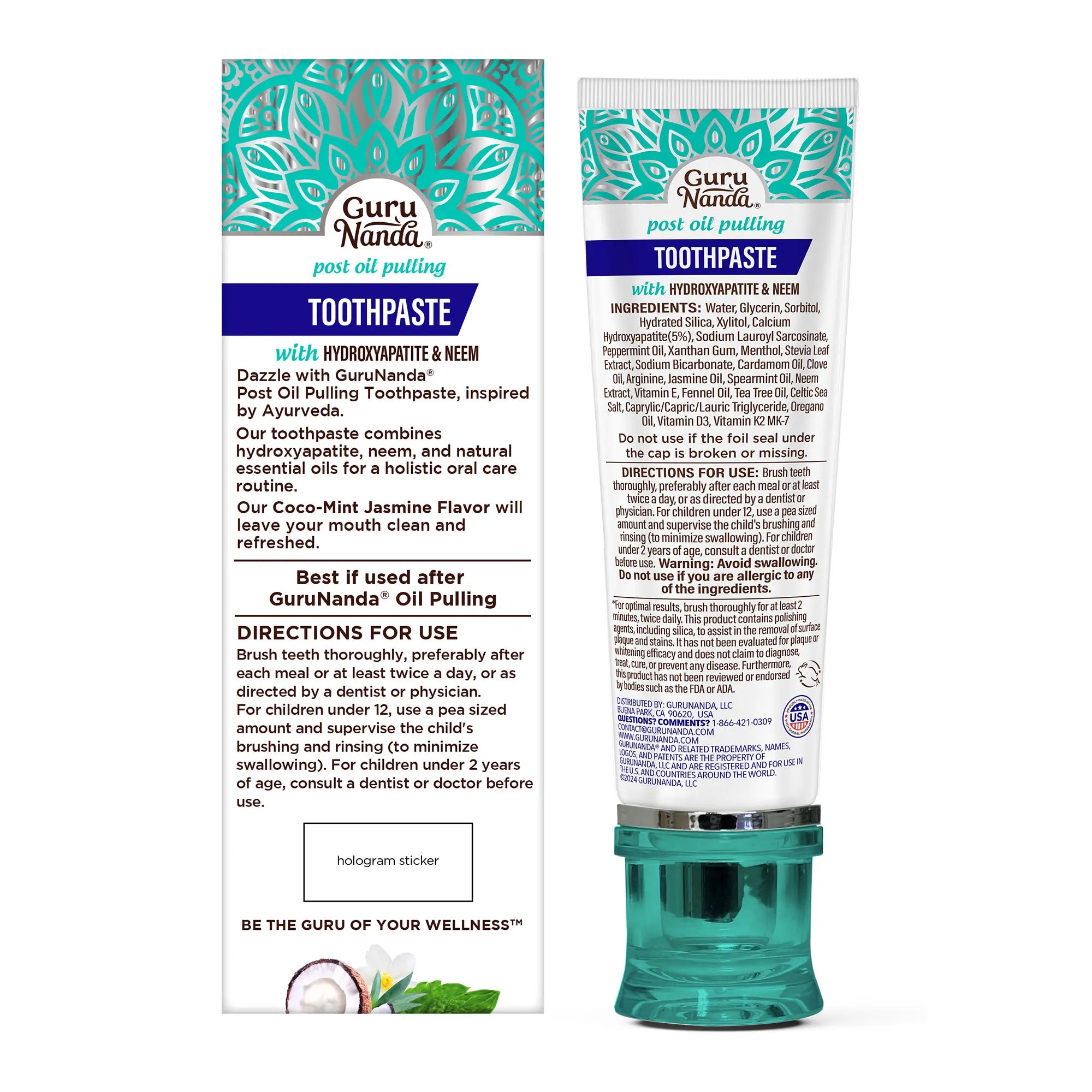 Gurunanda Hydroxyapatite Neem Whitening Toothpaste, SLS & Fluoride Free, Freshens Breath & Fights Plaque, Natural Cocomint Jasmine, 4.2Oz